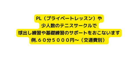 PL プライベートレッスン や 少人数のテニスサークルで 球出し練習や基礎練習のサポートをおこないます 例 ６０分５０００円 交通費別